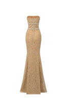 Beige floral mesh lace strapless mermaid gown by I.H.F Studio featuring gold chiffon accents and intricate lace details.