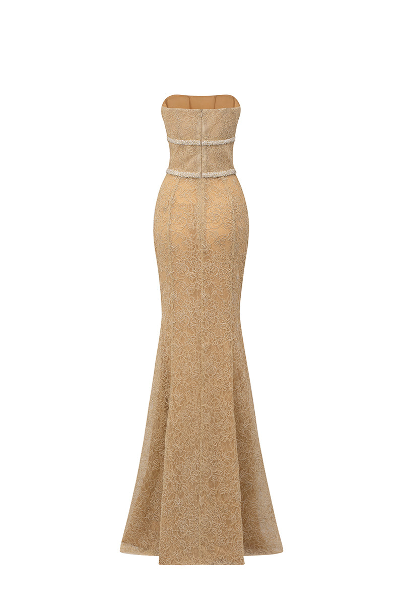 Beige floral mesh lace strapless mermaid gown by I.H.F Studio featuring gold chiffon accents and intricate lace details.