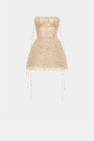 Beige floral string mini dress by Montsand, featuring a fitted silhouette and delicate floral pattern, perfect for summer occasions.