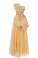 Beige floral tweed and organza gown by Happy Clothing featuring a flowing maxi dress with intricate floral details.