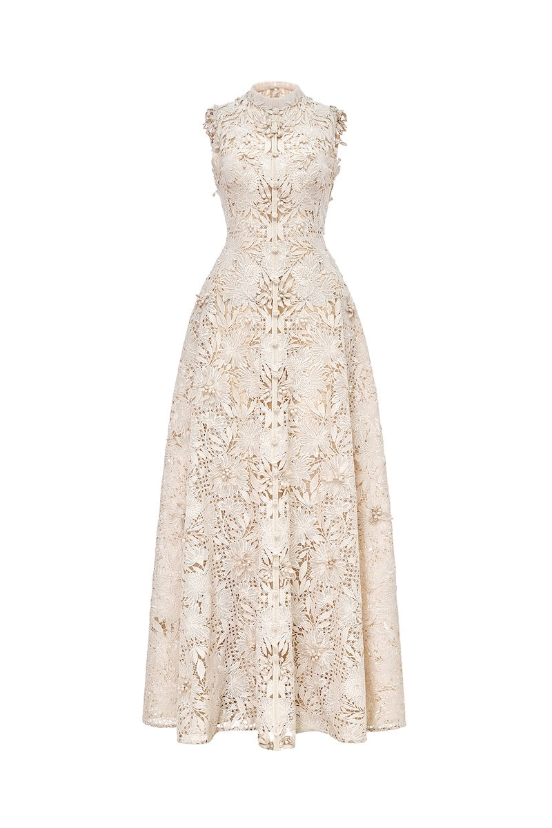 BEIGE FLOWER BEADED MAXI DRESS - CULT MIA