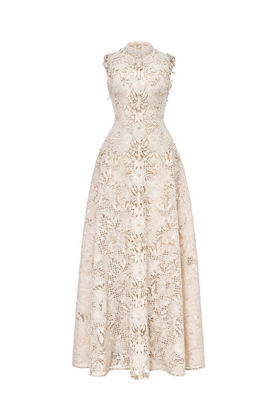 dresses beige FLOWER BEADED MAXI DRESS | CULT MIA evening long dress. Palm Size:US 11 / EU 43 Summer