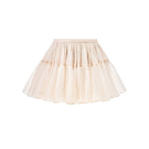 Beige layered tulle mini skirt with floral and beaded embellishments by Montsand, stylish and lightweight for casual or dressy wear.