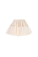 Beige layered tulle mini skirt with floral and beaded embellishments by Montsand, stylish and lightweight for casual or dressy wear.