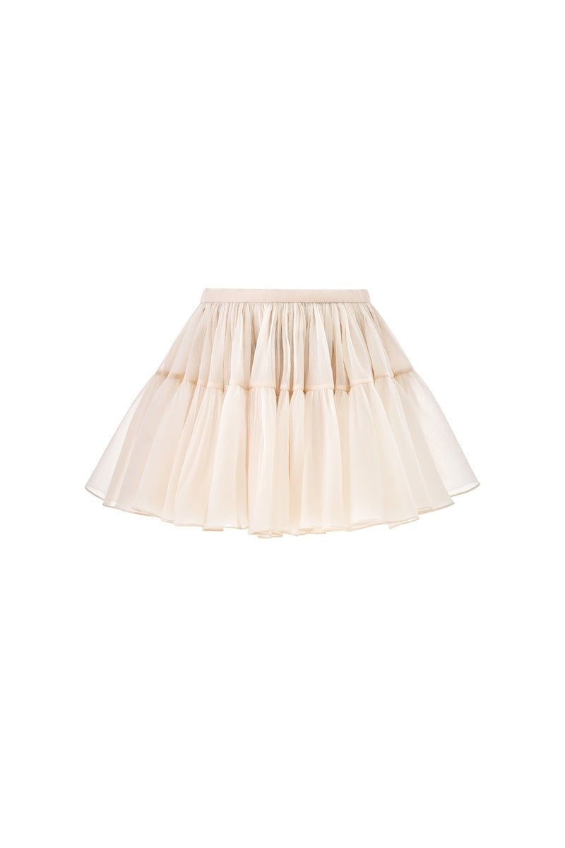 Beige layered tulle mini skirt with floral and beaded embellishments by Montsand, stylish and lightweight for casual or dressy wear.