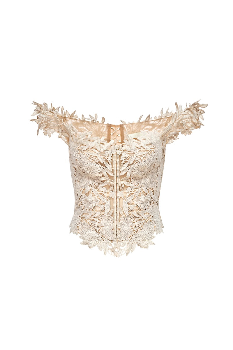 Beige flower beaded corset top by Montsand, featuring intricate beaded floral details and a fitted style for stylish wear.