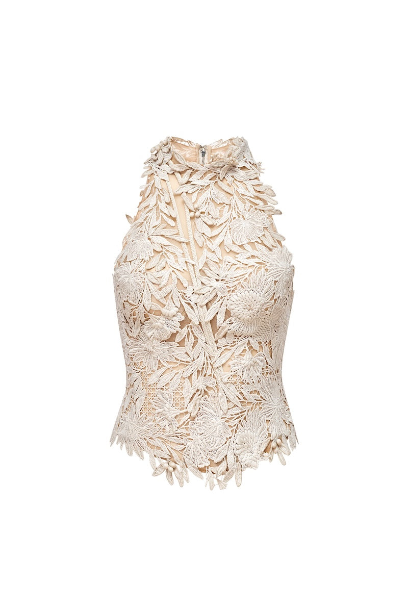 BEIGE FLOWER BEADED TOP - CULT MIA