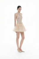 Beige flower beaded top from Montsand paired with matching skirt, stylish women's tops with floral bead detailing.