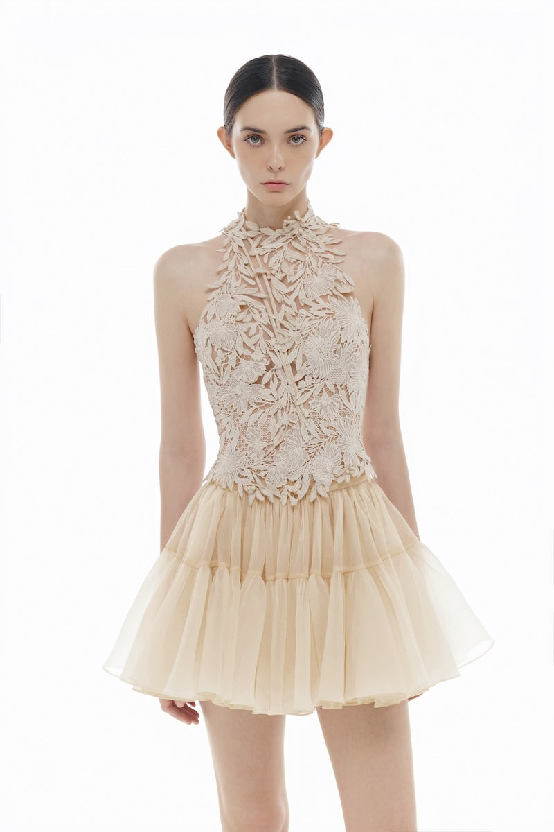 Beige flower beaded top from Montsand, shown with matching skirt, featuring intricate beadwork and floral design.