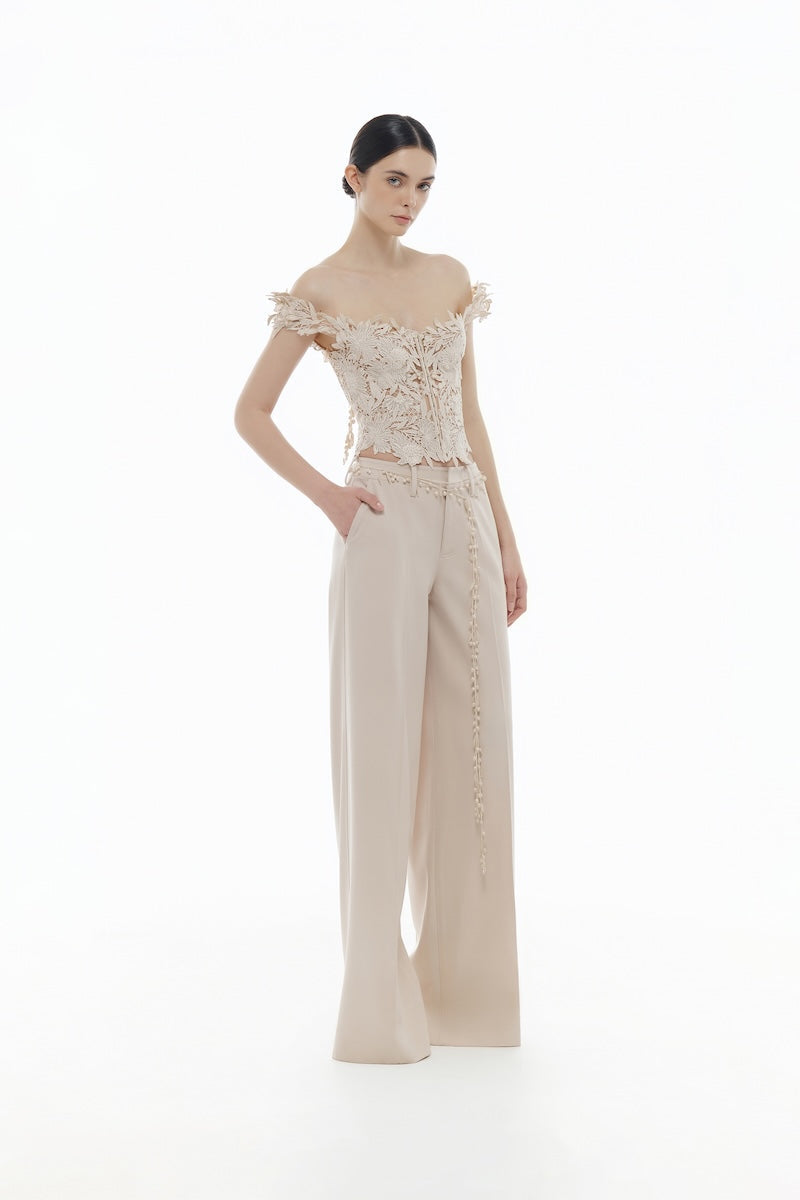 Beige flower beaded corset top paired with trousers, stylish women's tops by Montsand, detailed beaded floral design.