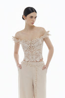 Beige flower beaded corset top paired with matching trousers from Montsand, stylish and elegant women's top set.