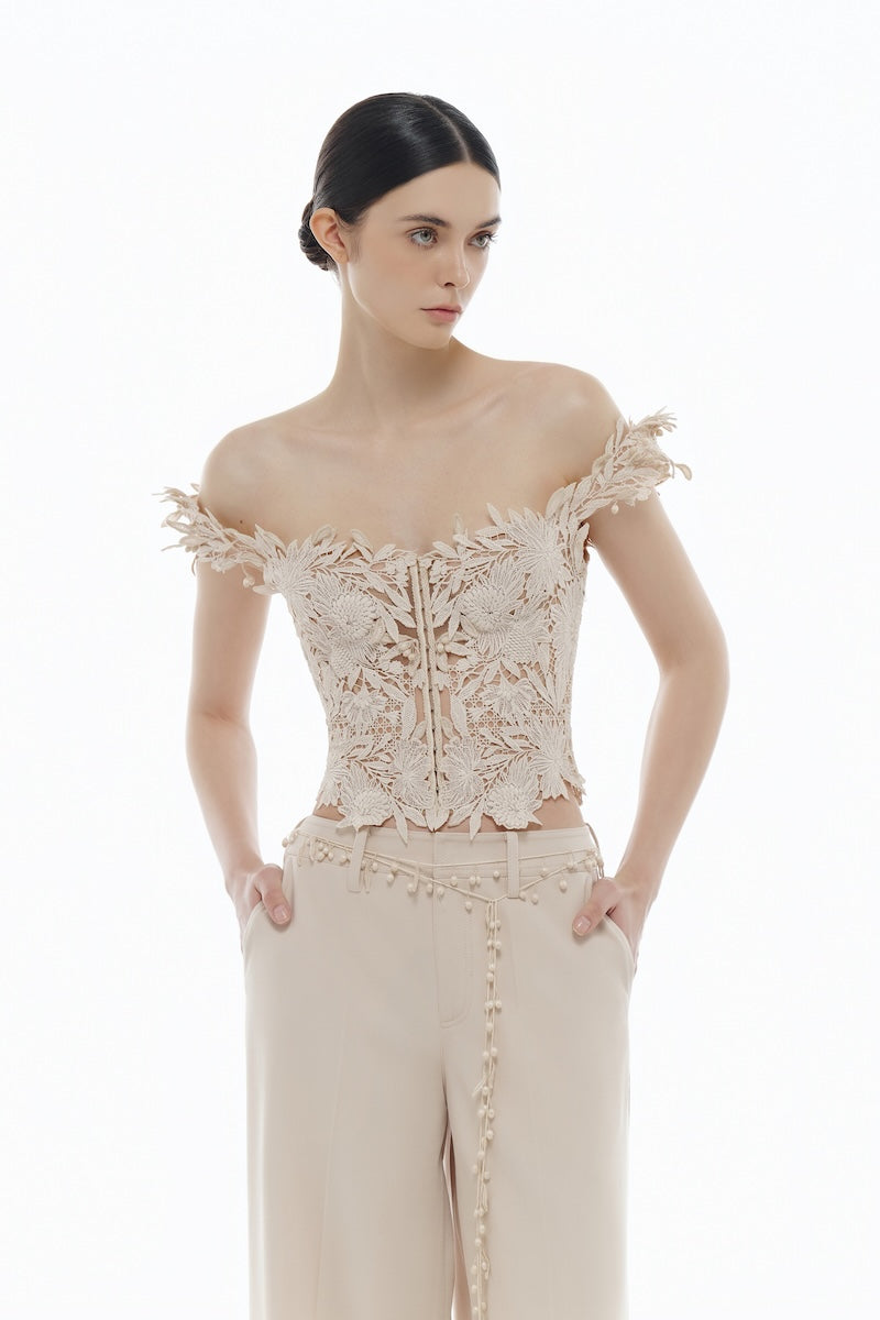 Beige flower beaded corset top paired with matching trousers from Montsand, stylish and elegant women's top set.