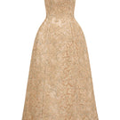 Beige lace bustier gown by I.H.F Studio, featuring intricate guipure lace and a elegant midi length, displayed folded.