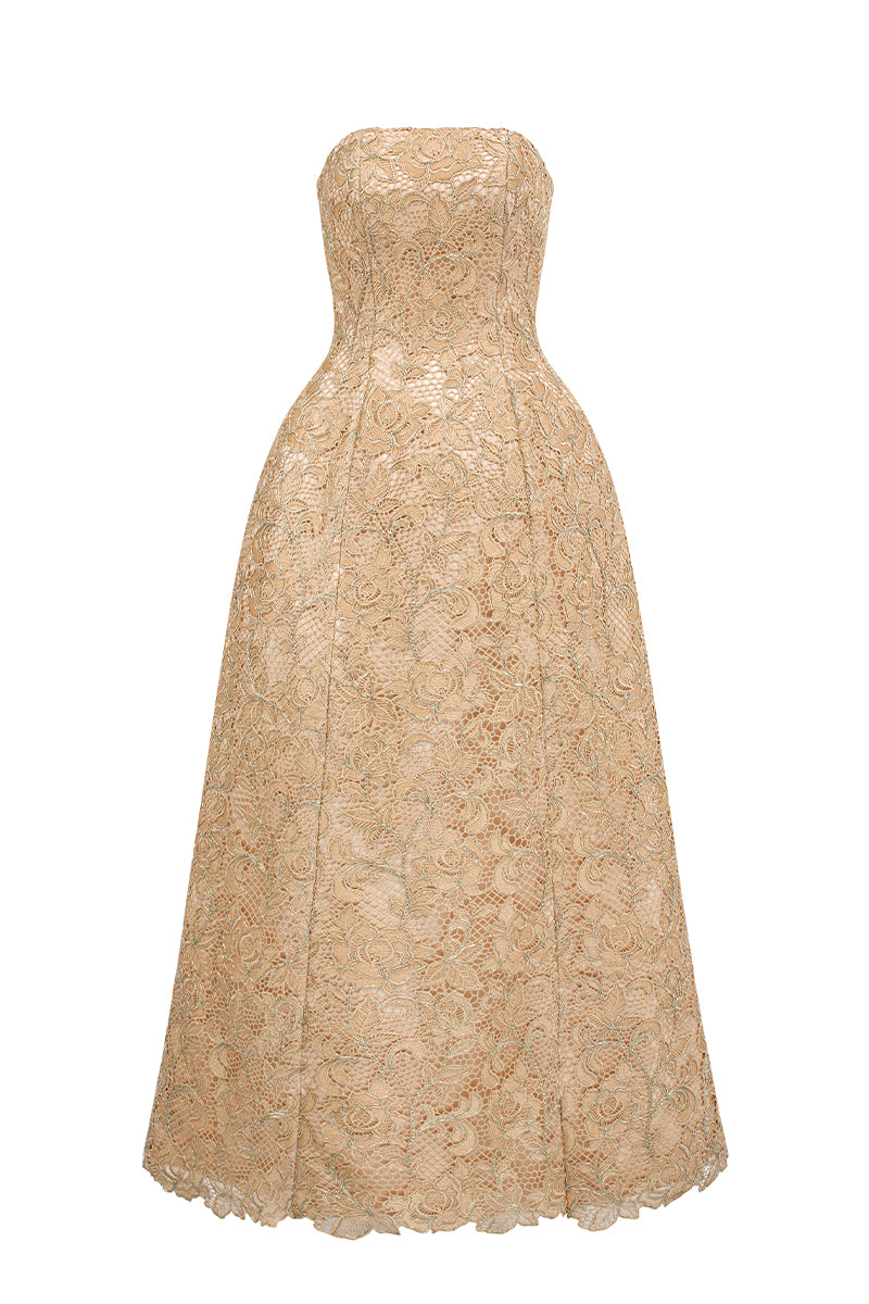 BUSTIER LACE MAXI DRESS IN BEIGE - CULT MIA