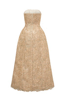 Beige lace bustier gown by I.H.F Studio, folded to show intricate guipure lace detail and elegant midi length.