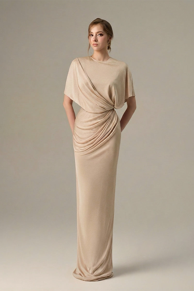 BEIGE JERSEY DRESS WTH GATHERED WAIST AND TIE DETAIL