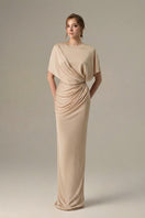 Beige jersey maxi dress with gathered waist and tie detail from I.H.F, showcasing a flowy, elegant design.