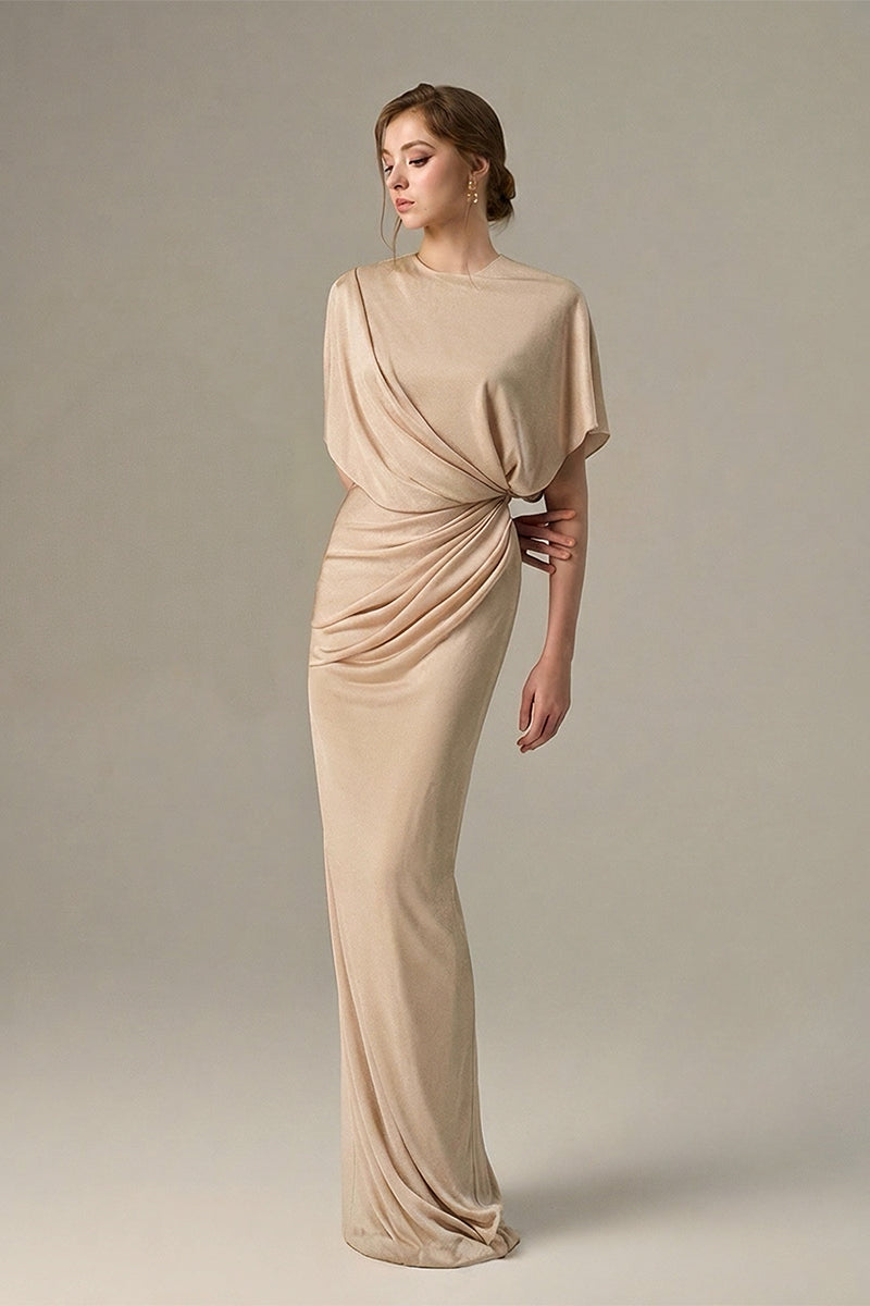 Beige I.H.F jersey maxi dress with gathered waist and tie detail, featuring a comfortable, flowing design for casual or elegant wear.