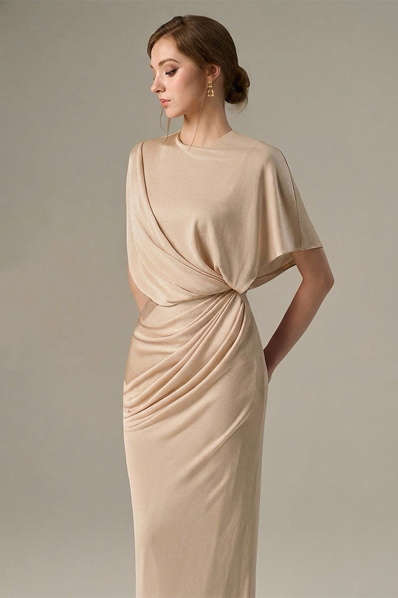 Beige I.H.F jersey maxi dress with gathered waist and tie detail, flowing and elegant for casual or dressy occasions.
