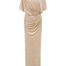 Beige I.H.F jersey maxi dress with gathered waist and tie detail, flowing and comfortable for casual or elegant wear.