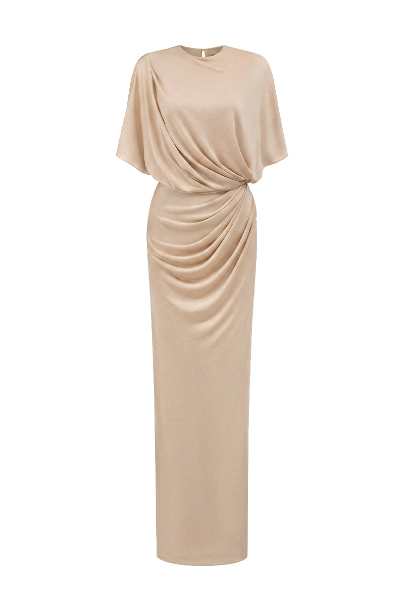 BEIGE JERSEY DRESS WTH GATHERED WAIST AND TIE DETAIL | CULT MIA