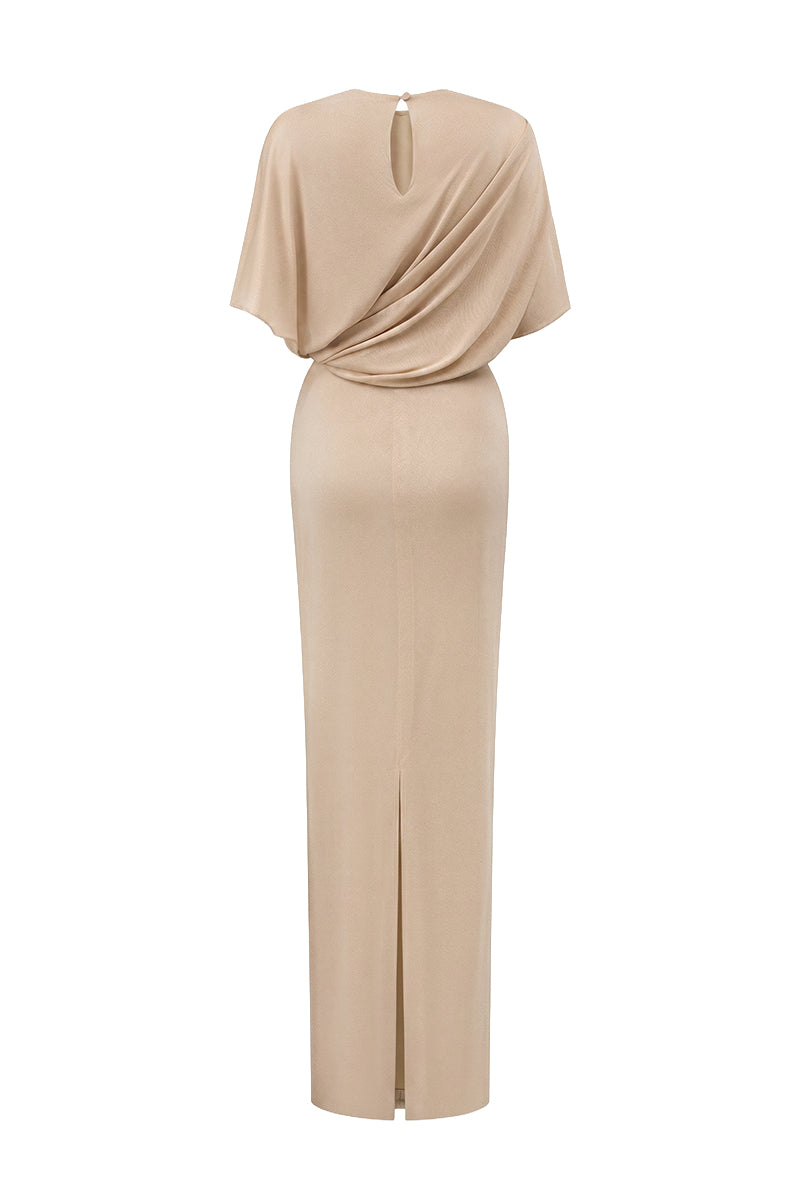 Beige I.H.F maxi jersey dress with gathered waist and tie detail, flowing and elegant for casual or dressy occasions.