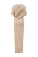 Beige I.H.F jersey maxi dress with gathered waist and tie detail, flowing fabric and elegant silhouette.