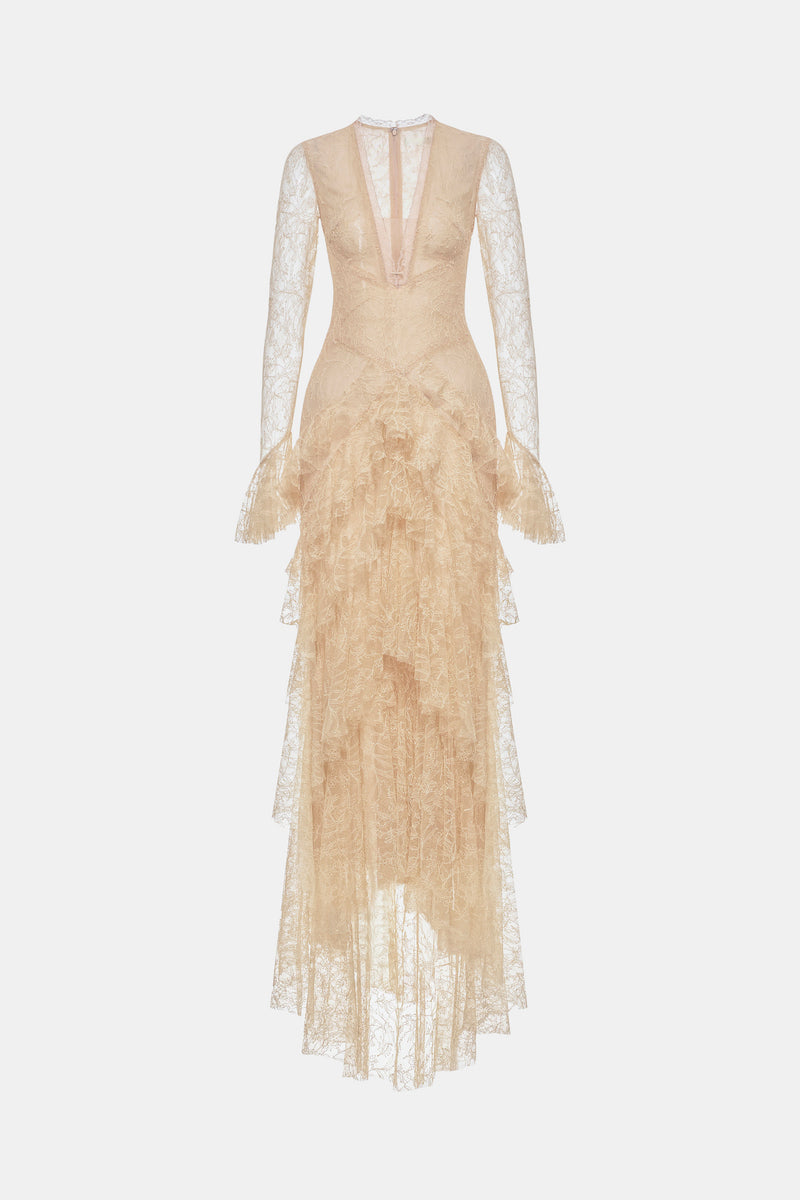 CULT MIA X MONTSAND BEIGE LACE CASCADE DRESS | CULT MIA