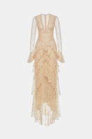 Beige lace cascade maxi dress from Cult Mia X Montsand featuring flowing fabric and elegant lace detailing.