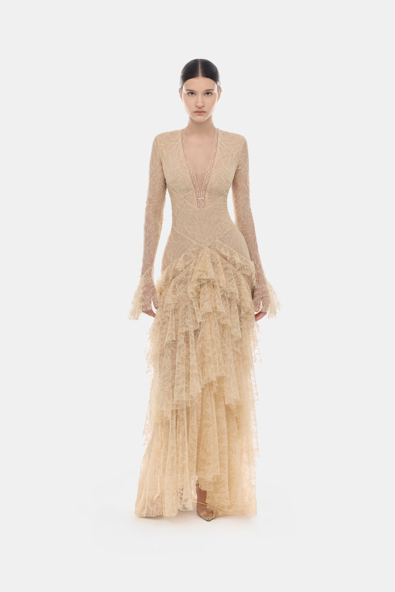 Montsand beige lace cascade maxi dress with elegant flowing design and intricate lace details, perfect for formal occasions.