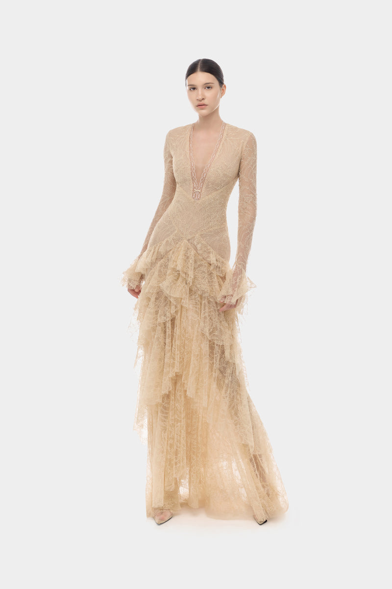 CULT MIA X MONTSAND BEIGE LACE CASCADE DRESS