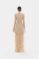 Beige lace cascade maxi dress by Montsand featuring elegant flowing design and intricate lace details.