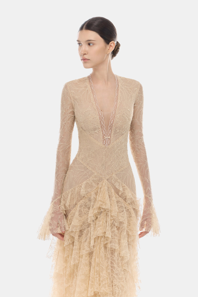 Beige lace cascade maxi dress from Cult Mia X Montsand featuring elegant flowing fabric and intricate lace details.