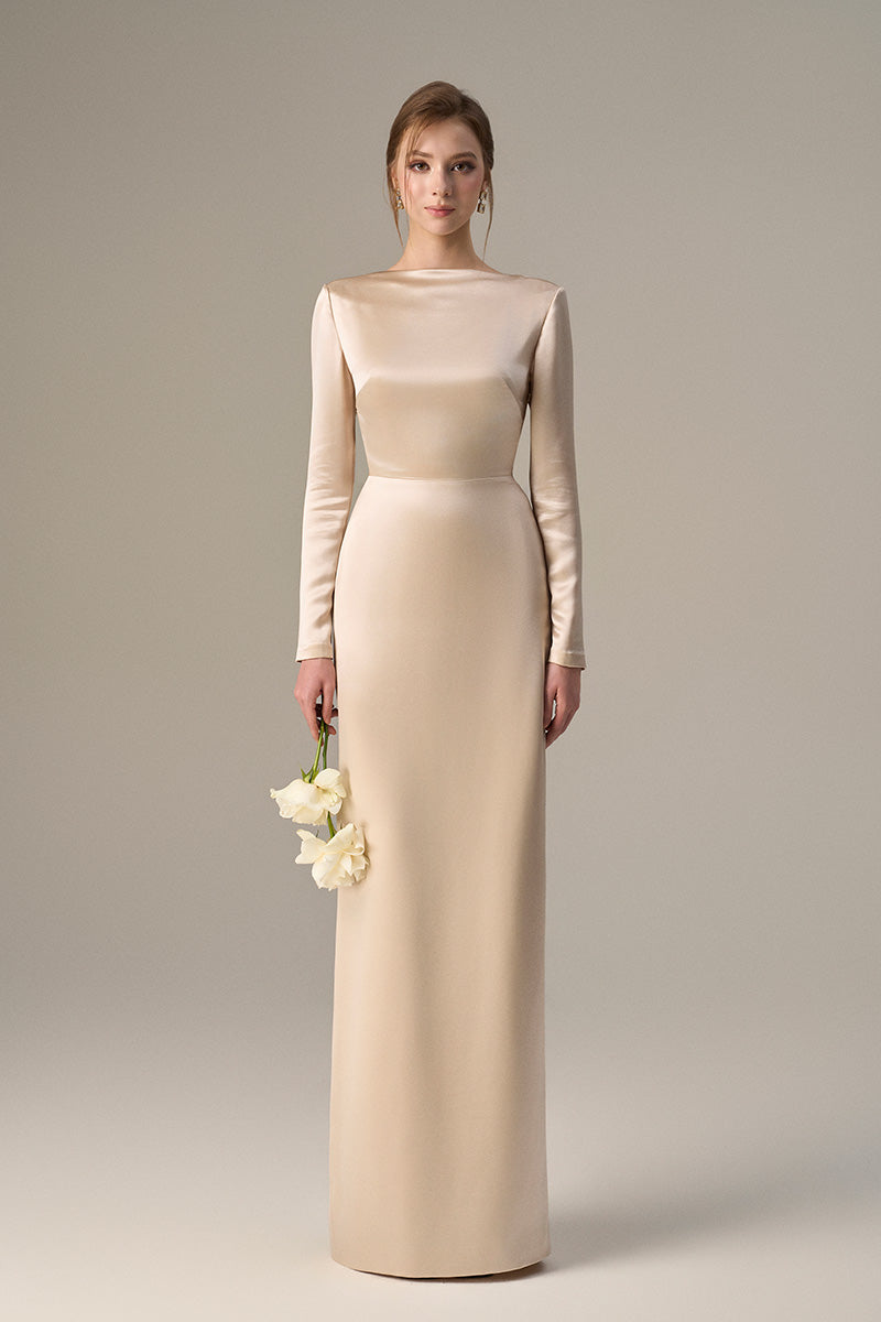 Beige satin silk maxi dress with long sleeves, draped back and tie detail, by I.H.F.