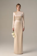 Beige satin silk gown with long sleeves, draped back, and tie detail, by I.H.F, elegant evening dress.