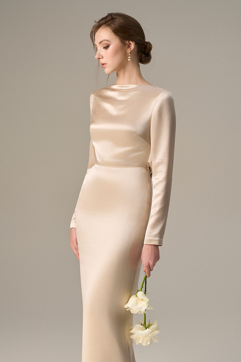 BEIGE SATIN SILK DRESS WITH A DRAPED BACK AND TIE DETAIL