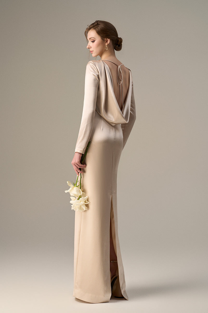 BEIGE SATIN SILK DRESS WITH A DRAPED BACK AND TIE DETAIL