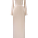 Beige satin silk gown by I.H.F with long sleeves, draped back neckline, and tie detail for elegant evening wear.