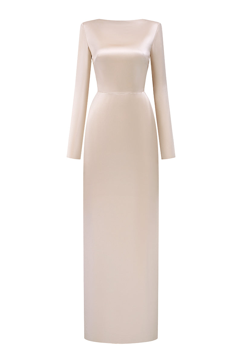 Beige satin silk maxi dress by I.H.F featuring long sleeves, draped back, and tie detail for elegant evening wear.