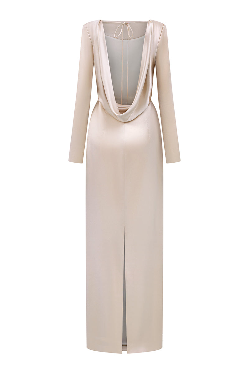 Beige satin silk maxi dress by I.H.F with long sleeves, draped back, and tie detail, showcased on a model.