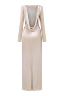 Beige satin silk gown with long sleeves, draped back, and tie detail, designed by I.H.F.
