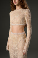 Beige sequin mesh lace crop top and matching co-ord skirt set by I.H.F Studio, with long sleeves and intricate detailing.