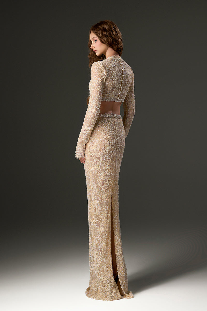 SEQUIN MESH LACE TOP AND SKIRT SET IN BEIGE - CULT MIA