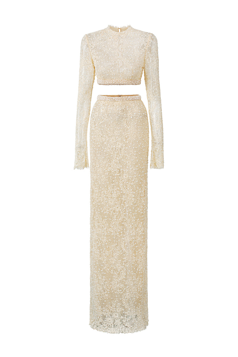 SEQUIN MESH LACE TOP AND SKIRT SET IN BEIGE - CULT MIA