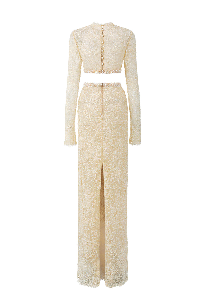 SEQUIN MESH LACE TOP AND SKIRT SET IN BEIGE - CULT MIA