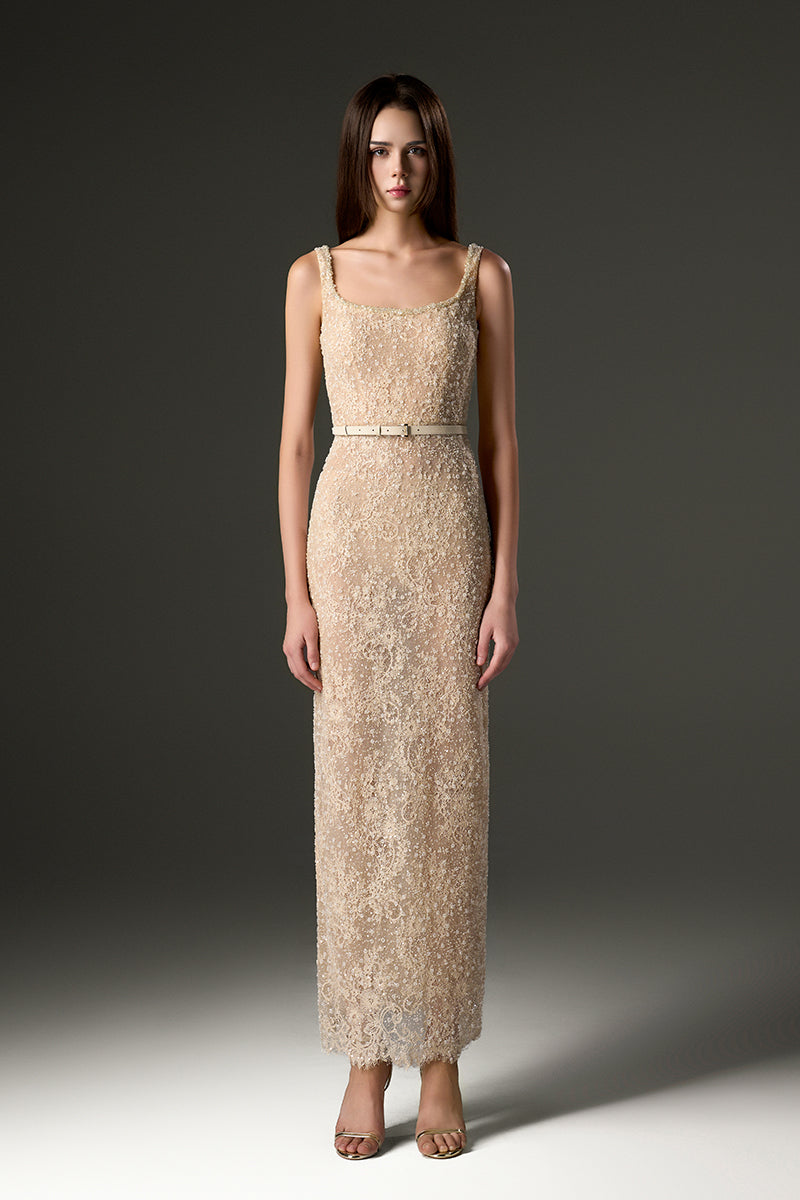 SQUARE NECK MESH LACE MIDI DRESS IN BEIGE