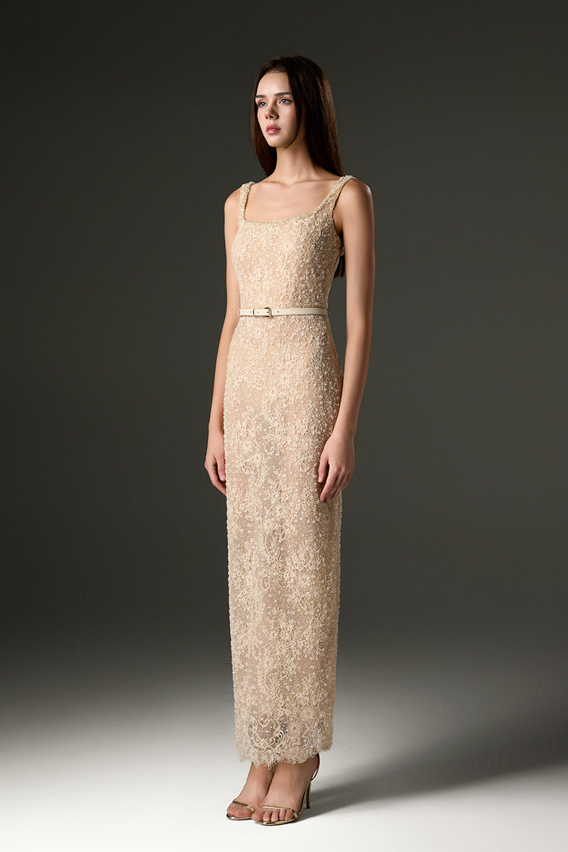 SQUARE NECK MESH LACE MIDI DRESS IN BEIGE - CULT MIA