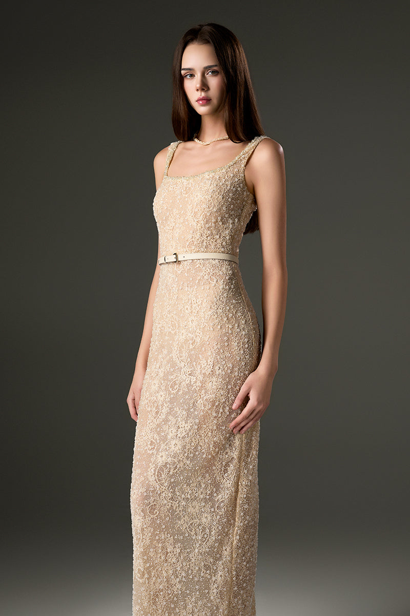 SQUARE NECK MESH LACE MIDI DRESS IN BEIGE - CULT MIA
