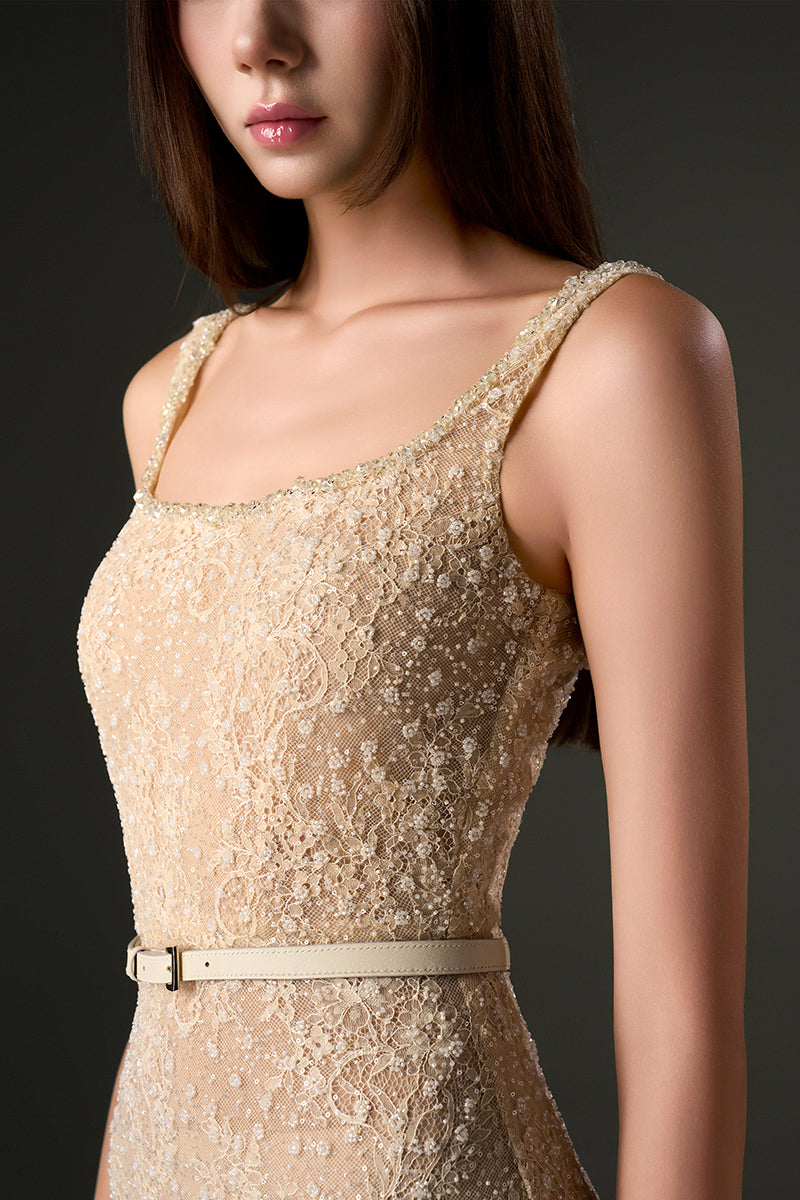 SQUARE NECK MESH LACE MIDI DRESS IN BEIGE - CULT MIA