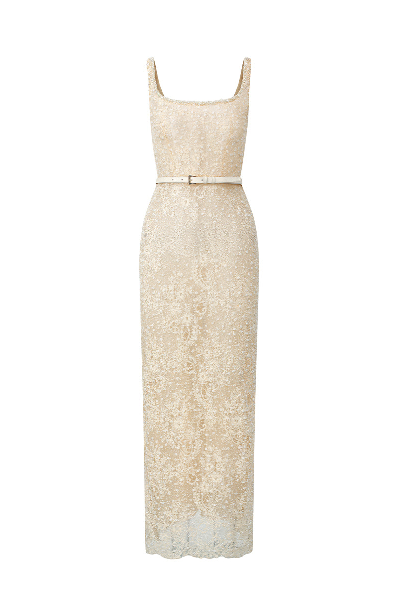 SQUARE NECK MESH LACE MIDI DRESS IN BEIGE - CULT MIA